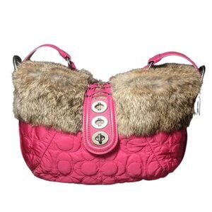 Coach Hot Pink Quilted Nylon & Rabbit Fur Hobo Shoulder Bag EUC